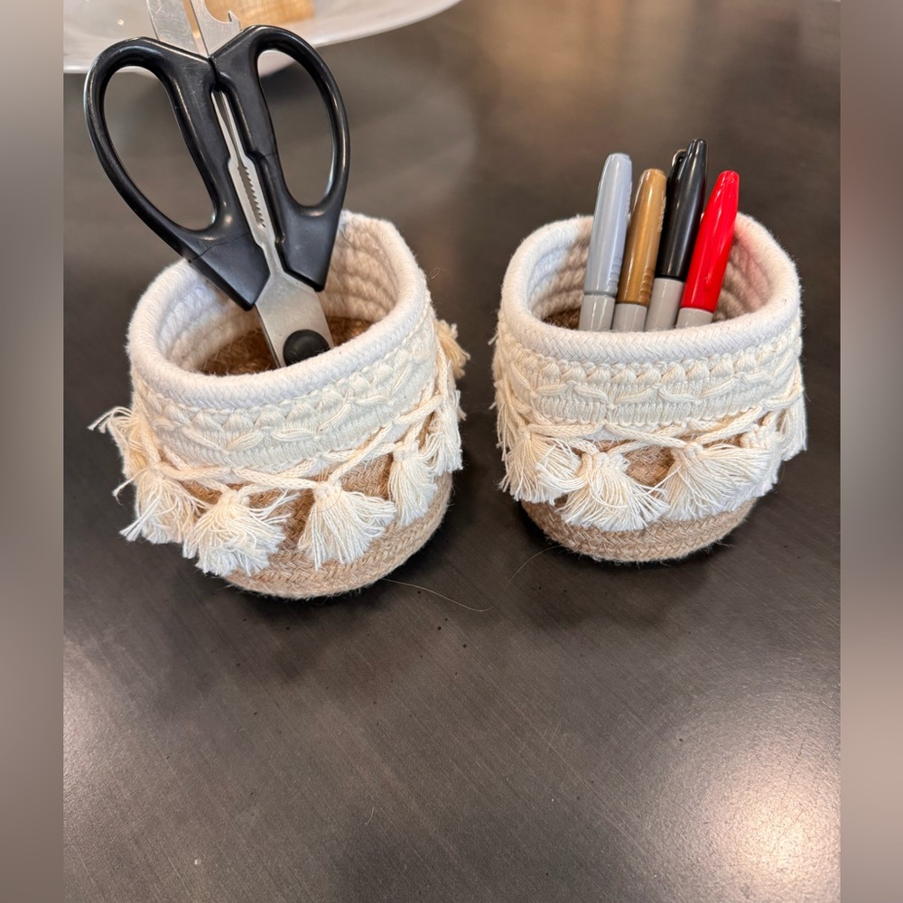 NWT Boho Cream and Tan Woven Basket Storage Containers - Set of 2